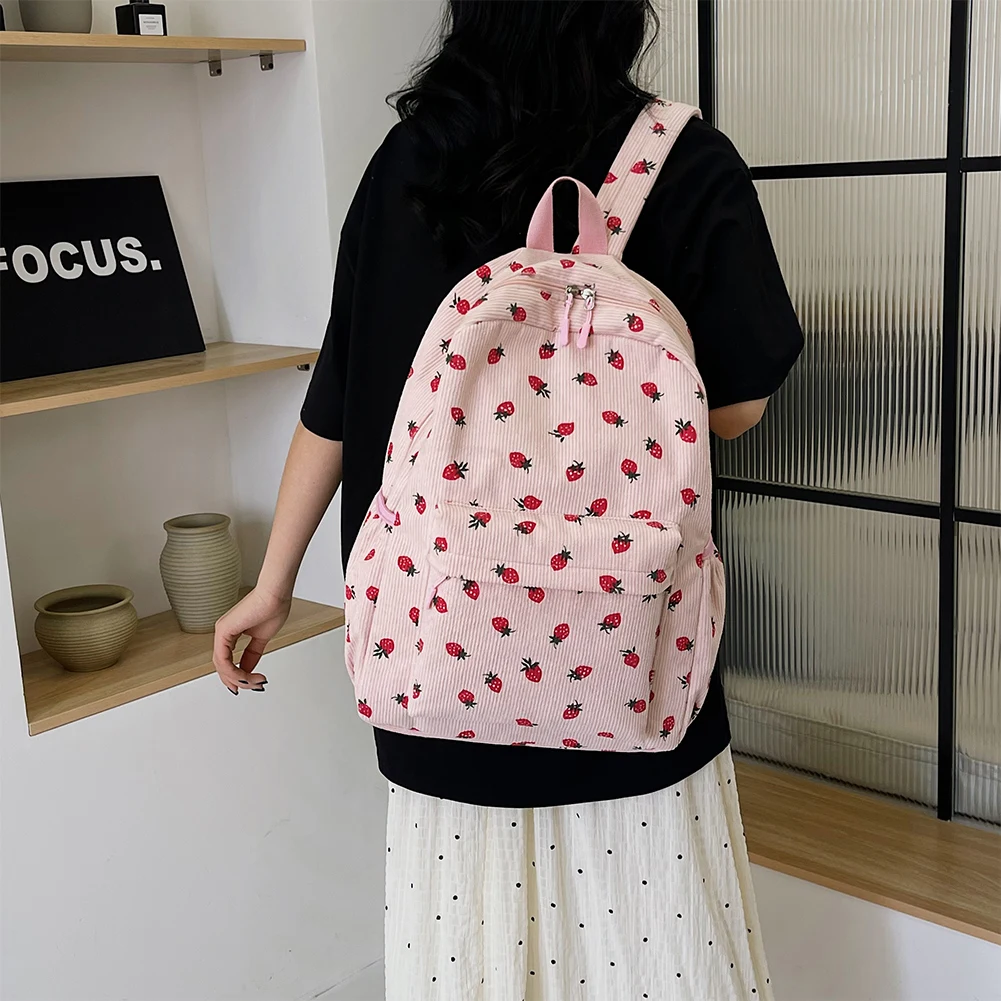Corduroy Strawberry Backpack Floral School Bags Junior High School Backpack Travel Bag Multi-pockets Large Capacity Rucksack