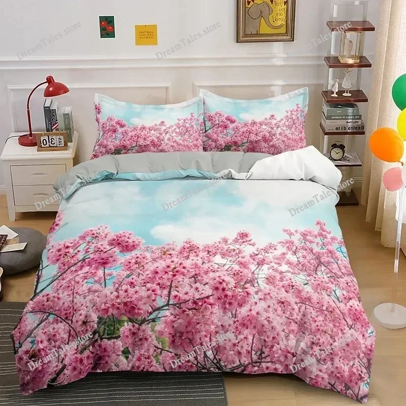 

Plum Blossom Duvet Cover Set King Pink Flower Quilt Cover for Girls Microfiber Branches Printed Japanese Ink Style Bedding Set74