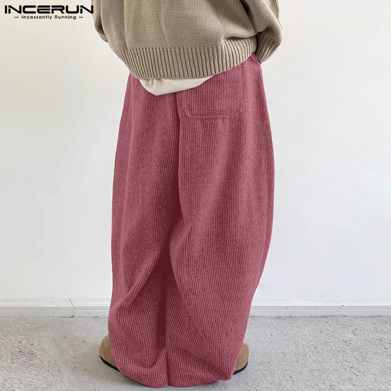 

INCERUN Men Pants Solid Color Joggers Loose Corduroy Drawstring Trousers Men Streetwear Fashion Casual Wide Leg Pants Men 2026