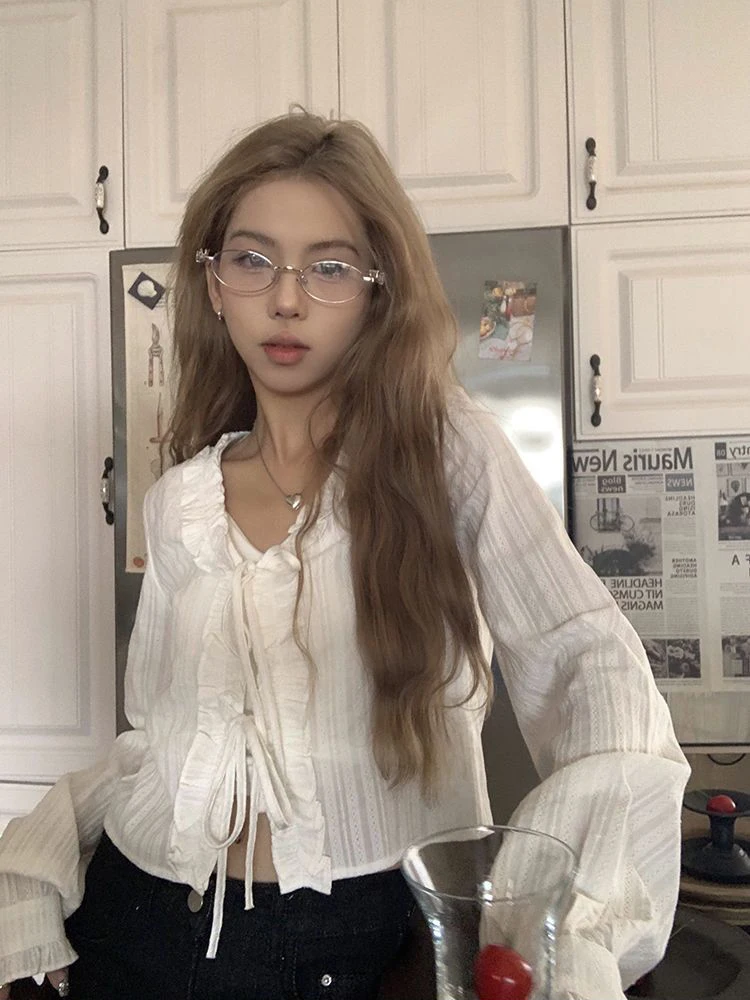 

Sweet Ruffles Women Shirt French Patchwork Lace Up Pure Cotton Cropped Blouse Casual Long Sleeve V Neck Fall Fashion New Tops