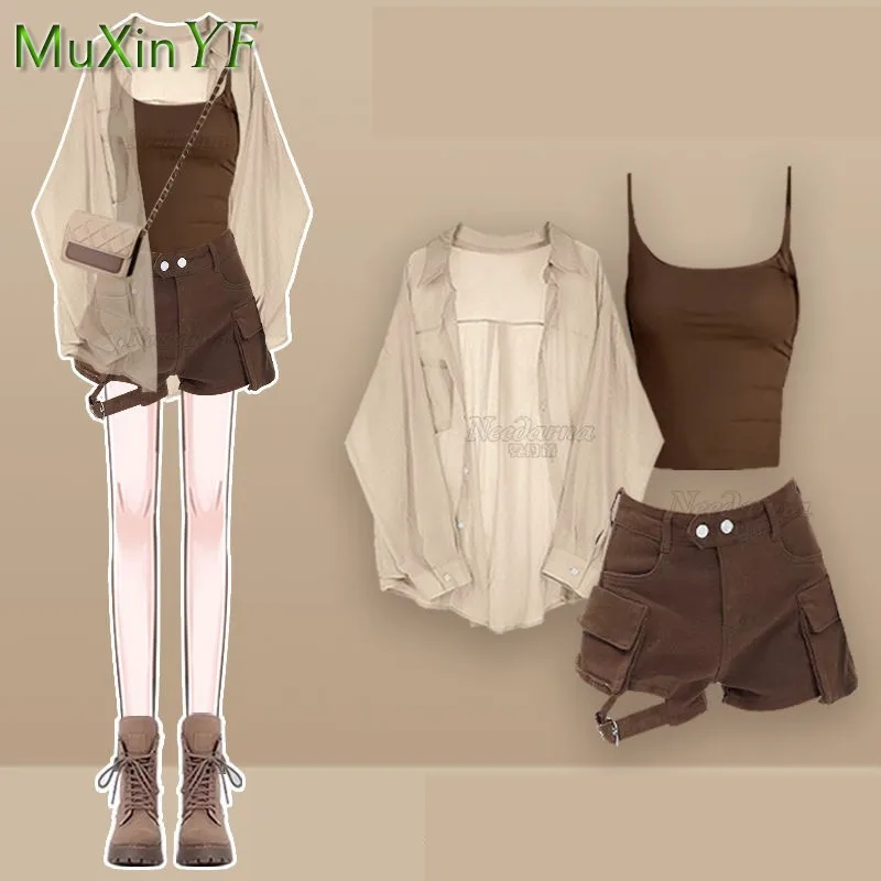 

Women Summer New Fashion In Shorts Matching Set 2025 Korean Elegant Chiffon Sunscreen Shirt+Sling+High Waist Pants 3-Piece Suit