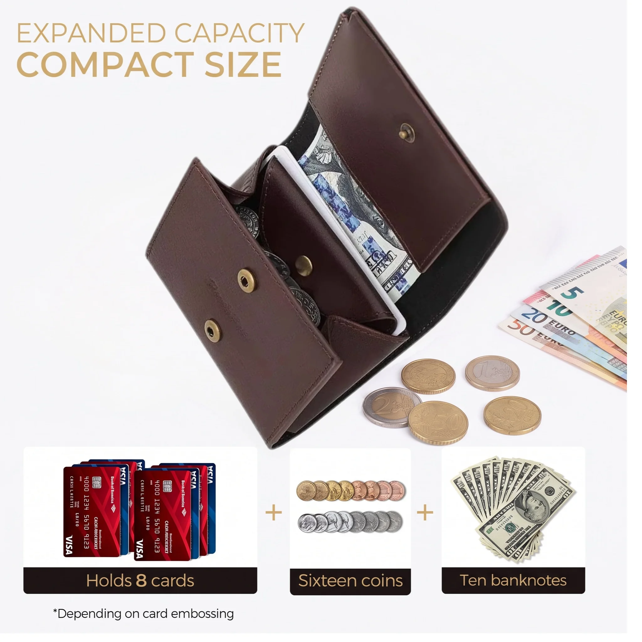Pomelo Best RFID Blocking Vintage Genuine Fine Grain Leather Men Bifold Wallet Press Stud Coin Pocket Multi Card Gift for Men
