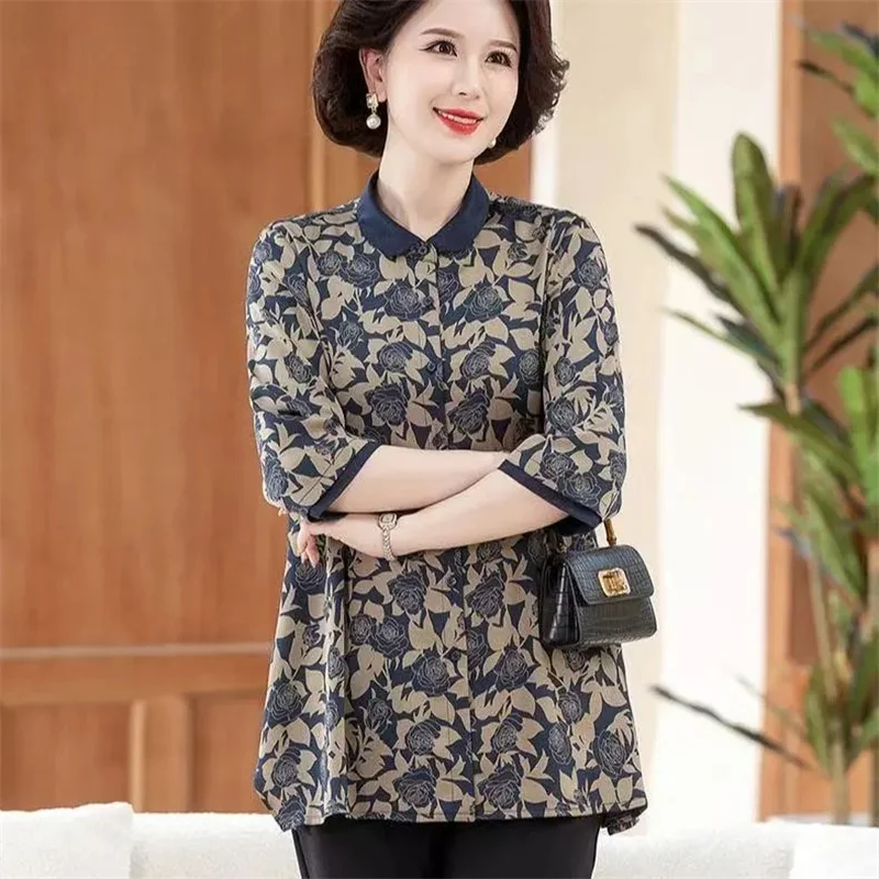 

Retro Middle Aged Mother Seven Quarters Sleeves Shirt 2025 Femme Cardigan Blouse Spring Summer Women Large Size 5XL Shirts Tops