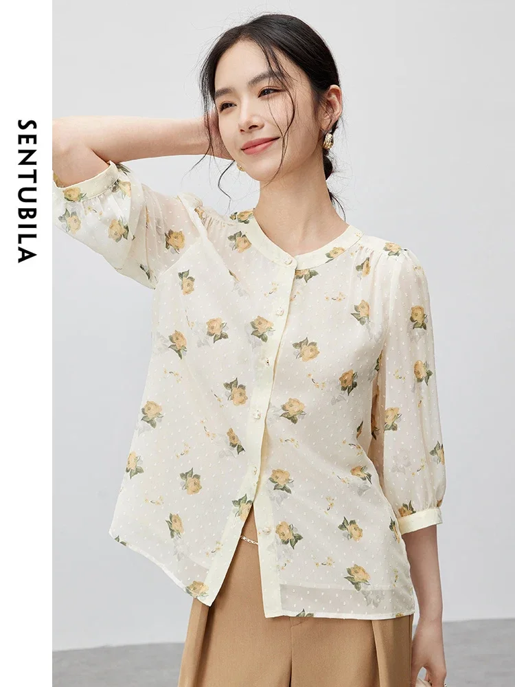 

SENTUBILA Print Jacquard Shirt for Women 2024 Summer Chiffon O Neck Three Quarter Lanter Sleeve Comfort Wome Blouse 142V55496