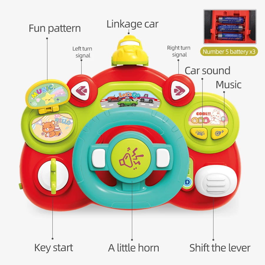 Brinquedos elétricos de volante para crianças, Carro de criança musical, Coelho bonito, Simulação multifuncional, Jogo de som de condução, Brinquedos educativos infantis