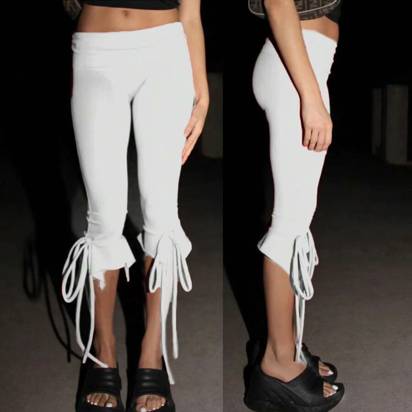2026 Spring Summer Solid Color Tie Strap Skinny Capri Pants Simple Casual Slim Fit Figure Flattering Women Daily Bottoms