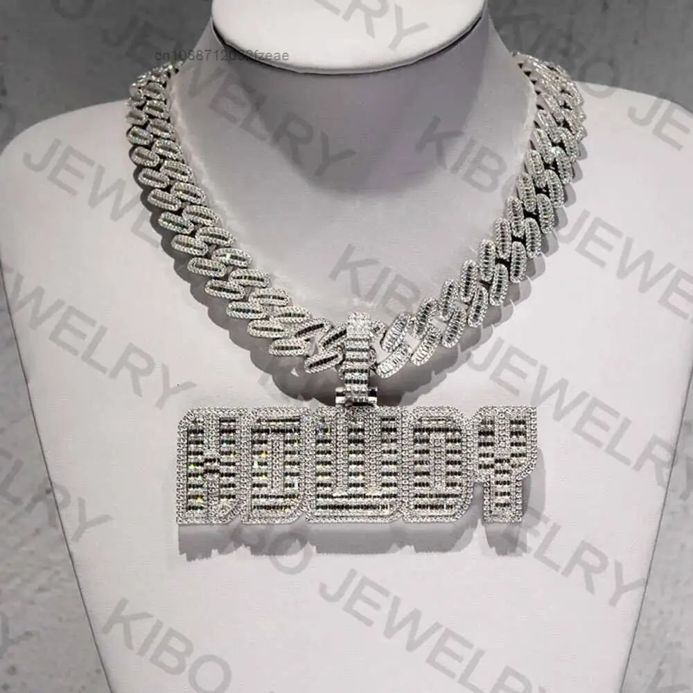 

Luxury Moissanite Chains Baguette Cut Diamond 18mm Men Necklace Silver Iced Out Vvs Moissanite Cuban Link Chain.