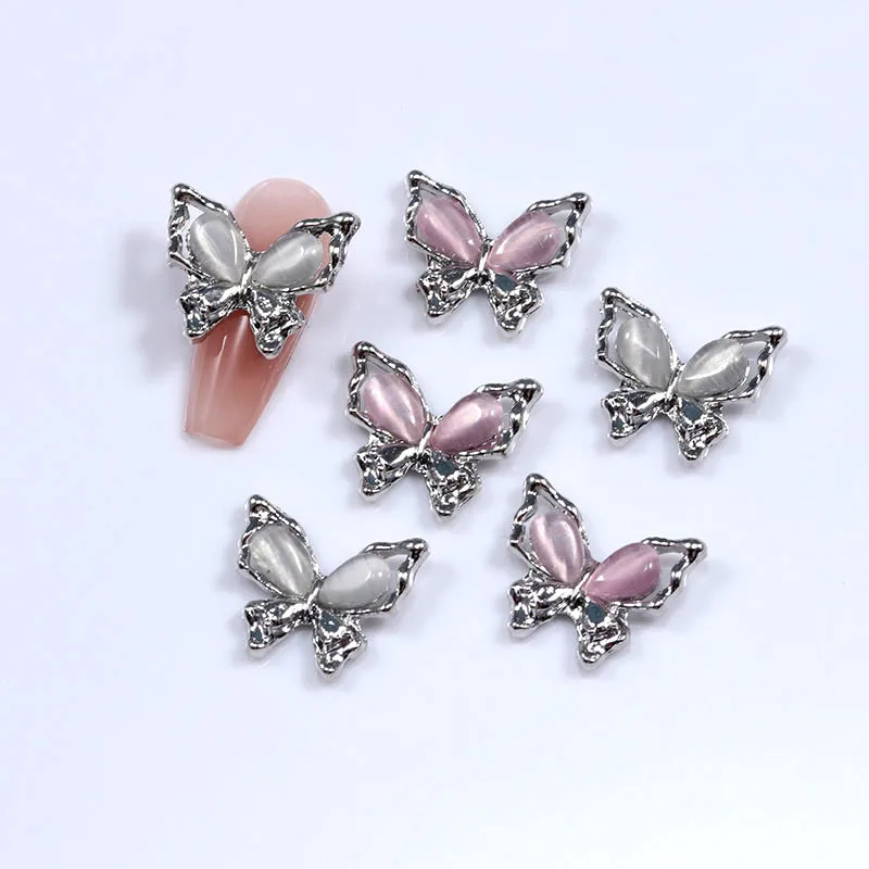 10Pcs Hollow Cat's Eye Butterfly Nail Art Charm Luxury Silver Bottom Nail Art Rhinestone Decoration 3D Alloy Manicure Ornaments