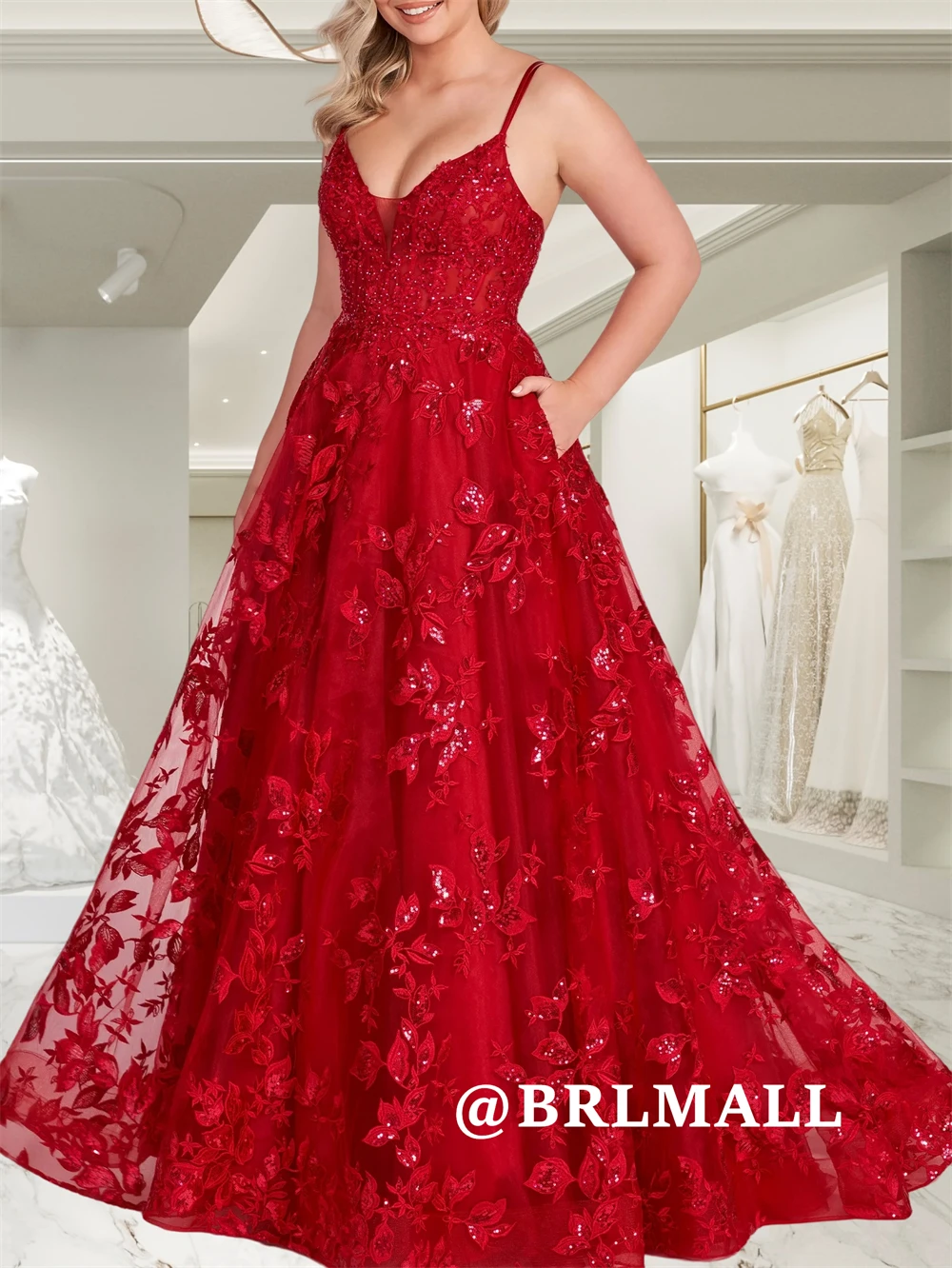 

BRLMALL A Line Lace Evening Dress with Sequined Appliques A Line Plus Size Party Prom Gowns Customized Cocktail Dresses