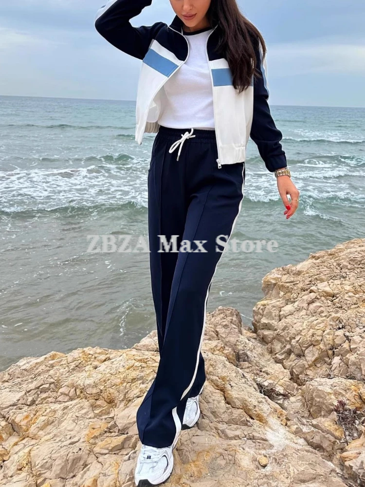 ZBZA Sports Jacket Pants Suit Stand Collar Pockets Zip Pilot Coat Elastic Waist Lace-up Straight-leg Pants Fall Female Chic Set