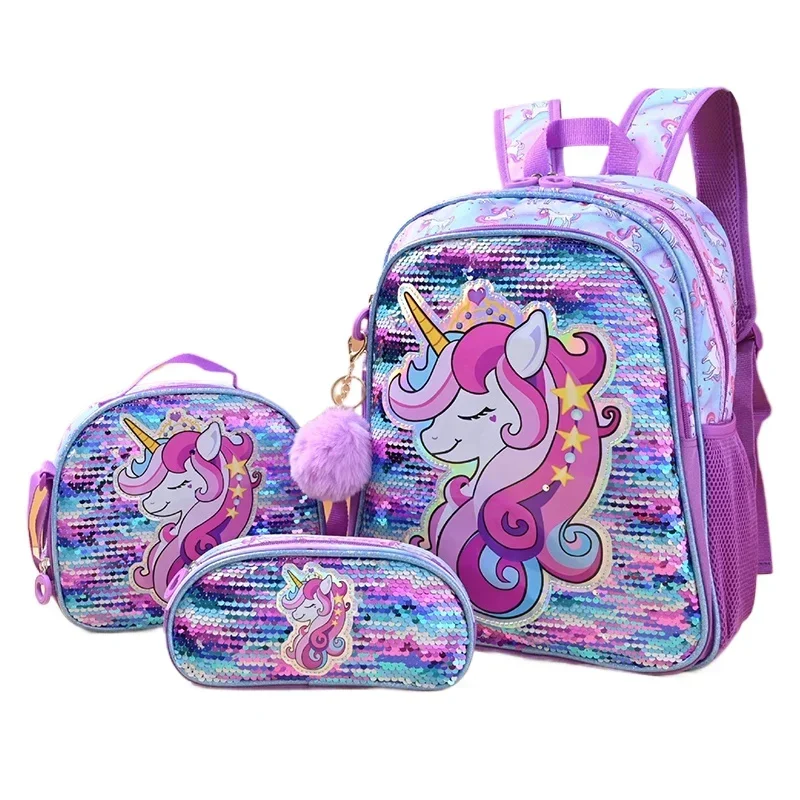 3Pcs Kid's Sequins Unicorn Backpacks Girls School Backpack with Lunch Pencil Bag Cute Travel School Bookbag Christmas Kids Gift