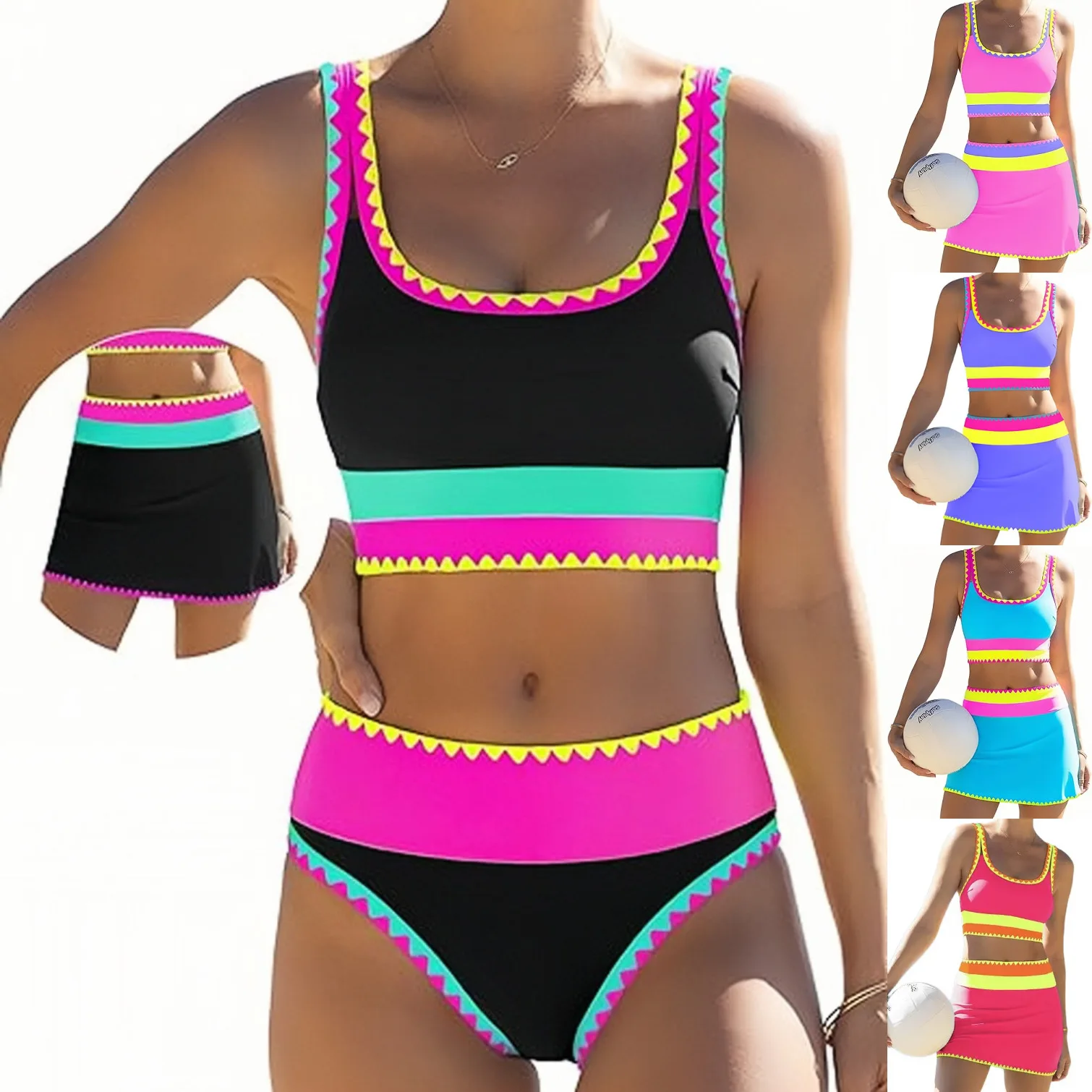 

Women Wavy Trim 3 Piece Swimsuit U Neck Crop Tank Top Color Block Stripe Swim Skirt Cover Up Bathing Suits Beach Swimwear