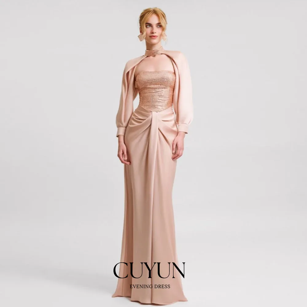

CUYUN Роскошное женское вечернее платье на заказ, элегантное вечернее платье цвета шампанского с накидкой с длинными рукавами