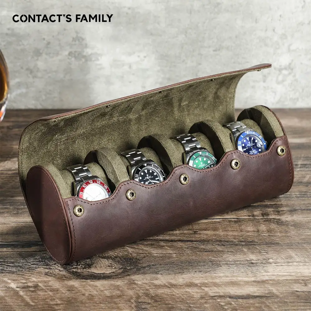 

CONTACTS FAMILY Portable Cowhide Leather Watch Roll Storage Case 4 Slots Travel Organizer Watches Jewelry Display Collector Box