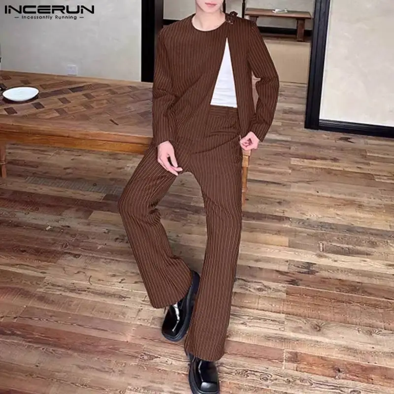 INCERUN 2024 Korean Style Men\'s Fashion Striped O-neck Long Sleeved Suit Long Pants Casual Streetwear Male Two-piece Sets S-5XL