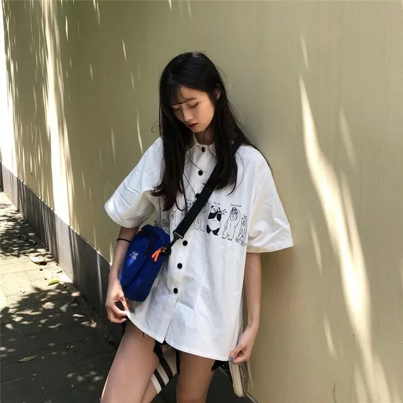 Women Shirts Turn-down Collar Summer Harahjuku Streetwear Printed BF Fashion Womens Vintage Elegant Students Ulzzang Chic Tender