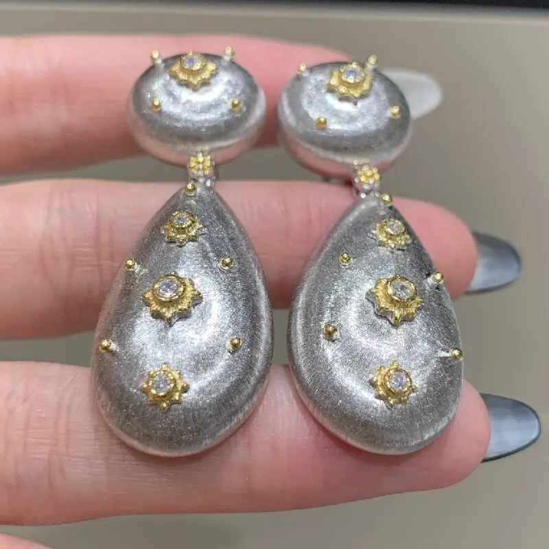 

ARIGAYA винтажные итальянские серьги ручной работы из матового серебра 925 пробы с K-позолотой и бриллиантами в форме капли, длинные серьги-капли