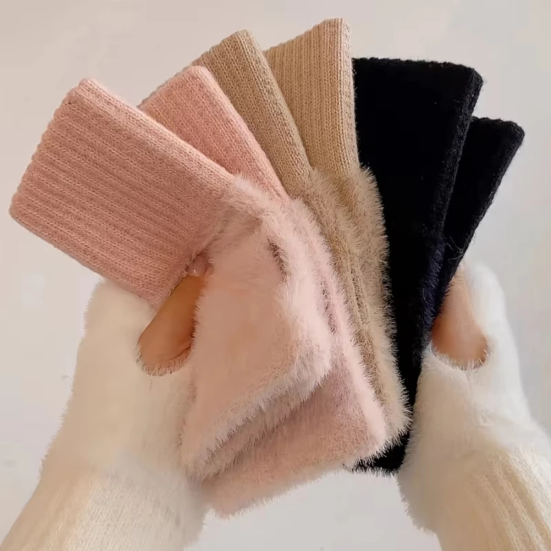 Women's Soft Winter Half-Finger Gloves, Warm Luxury Pure Fleece Knit Fingerless Wrist Cuffs for Writing, Ladies Fashion Accessor