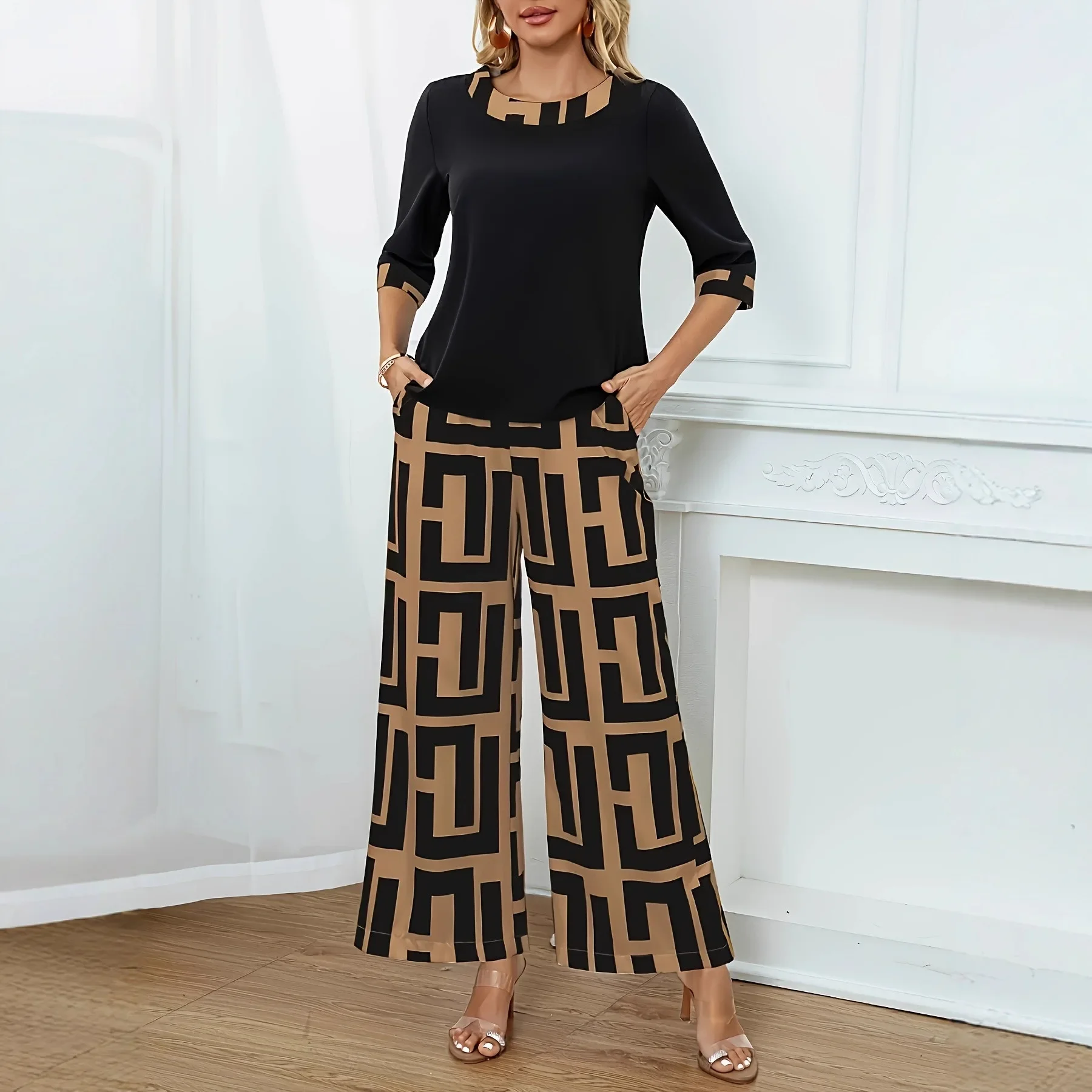 أزياء مريحة أعلى السراويل واسعة الساق دعوى السراويل للنساء الأوروبية الأمريكية متاهة نمط هندسي ألوان متباينة #2