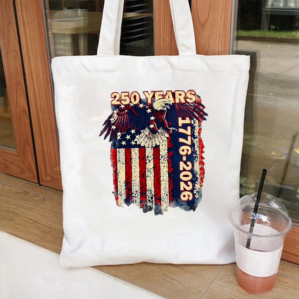 

250 Years 1776-2026 Tote Bag, Patriotic Eagle with American Flag Design, Canvas Shoulder Bag