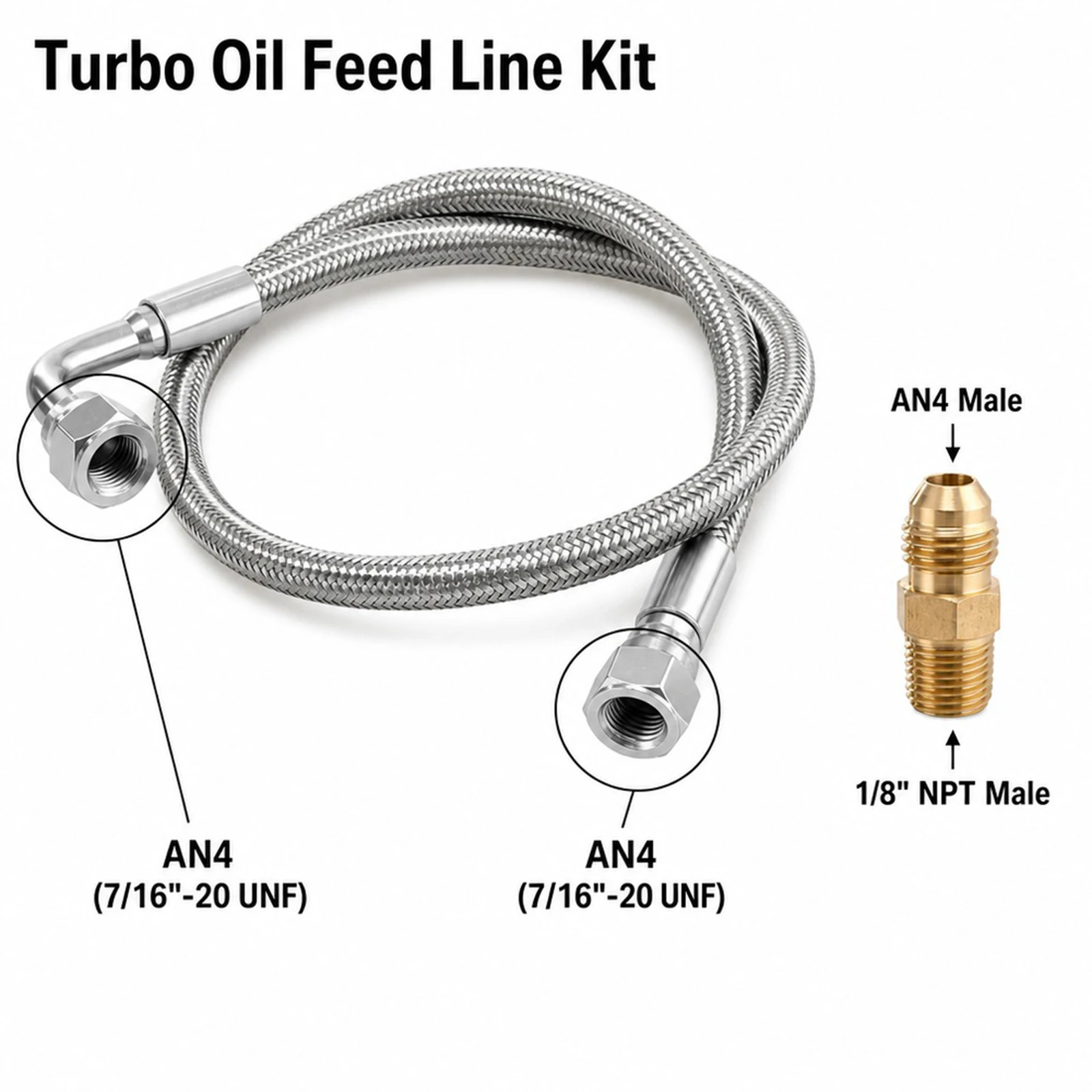 AN4 1/8NPT Turbo Oil Feed Line Kit Oil Return Line Oil Drain Line Kit Replacement For T3/T4 Turbocharge 90 Degree Full Size