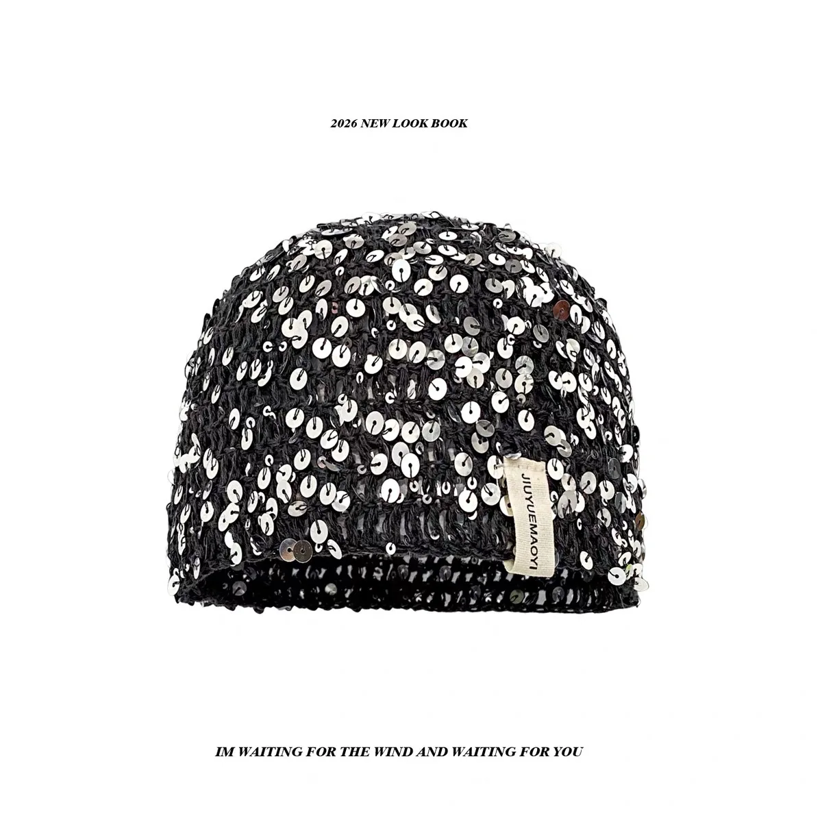 Women Heavy Duty Silver Sequin Headwrap Beanie Cap Niche Design Luxury Stylish Face Slimming Pullover Cold Knitted Hat