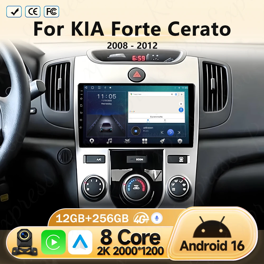 

Android 16 Carplay Auto Car Radio Multimedia DSP Player For KIA Forte Cerato 2008-2012 Autoradio Stereo Head Unit 4G WIFI BT CAM