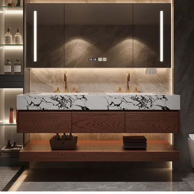 for Simple Modern Slate Seamless Ceramic Double Basin Red Oak Bathroom Cabinet Combination Toilet Wash Hand Washbasin