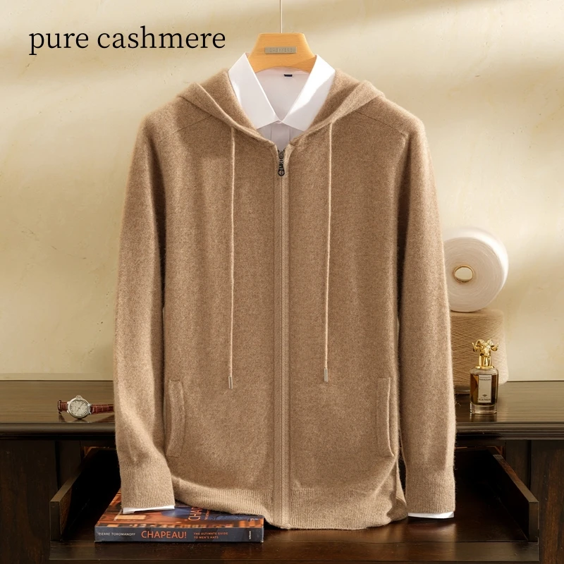 100% Pure Goat Cashmere Sweater Men's Hooded Zipper Cardigan Casual Loose Knit Sweater Soft Comfortable Winter Men's Clothing
