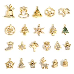 1pc Copper Christmas Charms Gold Color Christmas Tree Elk Snowman Rhinestone Pendant DIY Necklace Earrings For Women Jewelry