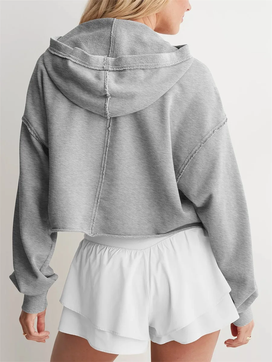 Women's Spring Autumn Hooded Sweatshirt Casual Loose Long Sleeve Solid Color V Neck Crop Hoodie Female Oversized Pullovers Tops