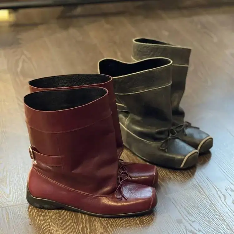 جديد إمرأة منصة حذاء من الجلد موضة السيدات سميكة وحيد جولة تو حذاء من الجلد أحذية بوت قصيرة الشتاء دراجة نارية التمهيد Bottine #1