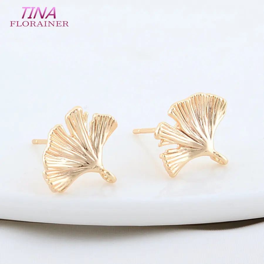 6PCS 12*14MM 18K Real Gold Plated Brass Leaf Leaves Stud Earrings High Quality DIY Earring Jewelry Making Finding Accessories