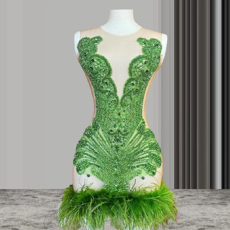 Fruit Green Short Prom Homecoming Dress for Women Sparkly Diamond Crystal Feather Sheer Mesh Birthday Runway Gown robes