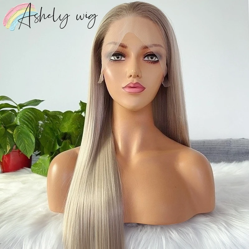 Asblonde Kanten Voorkant Pruik voor Vrouwen 13*4 Kant Frontaal 26 inch Lang Steil haar Pruik 180% Dichtheid Synthetische Kant Pruiken Dagelijks gebruik