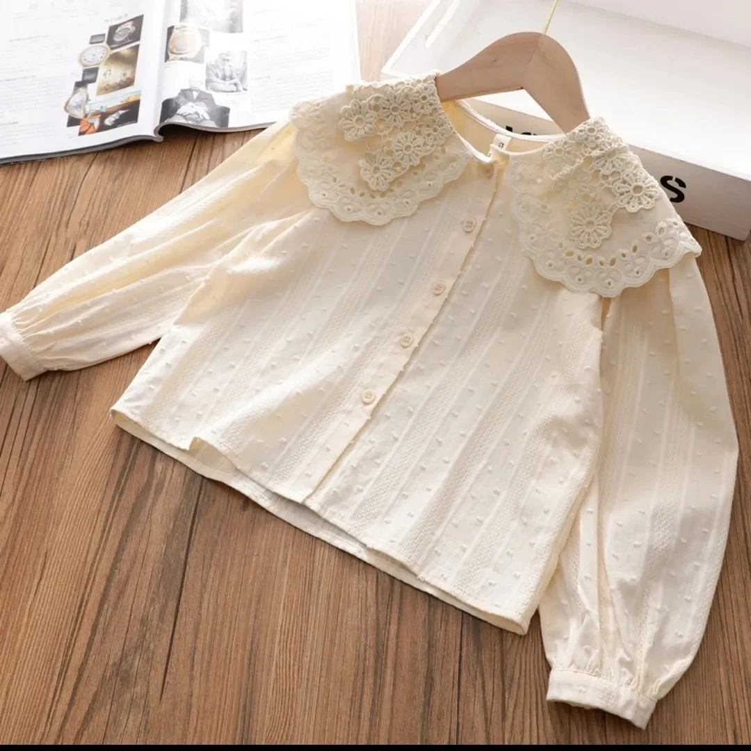 Spring and Autumn Kids Girls Cotton White Shirt Baby Lace Top Korean Shirt Children\'s Loose Bottom Shirt Top For Girl 3-12Y