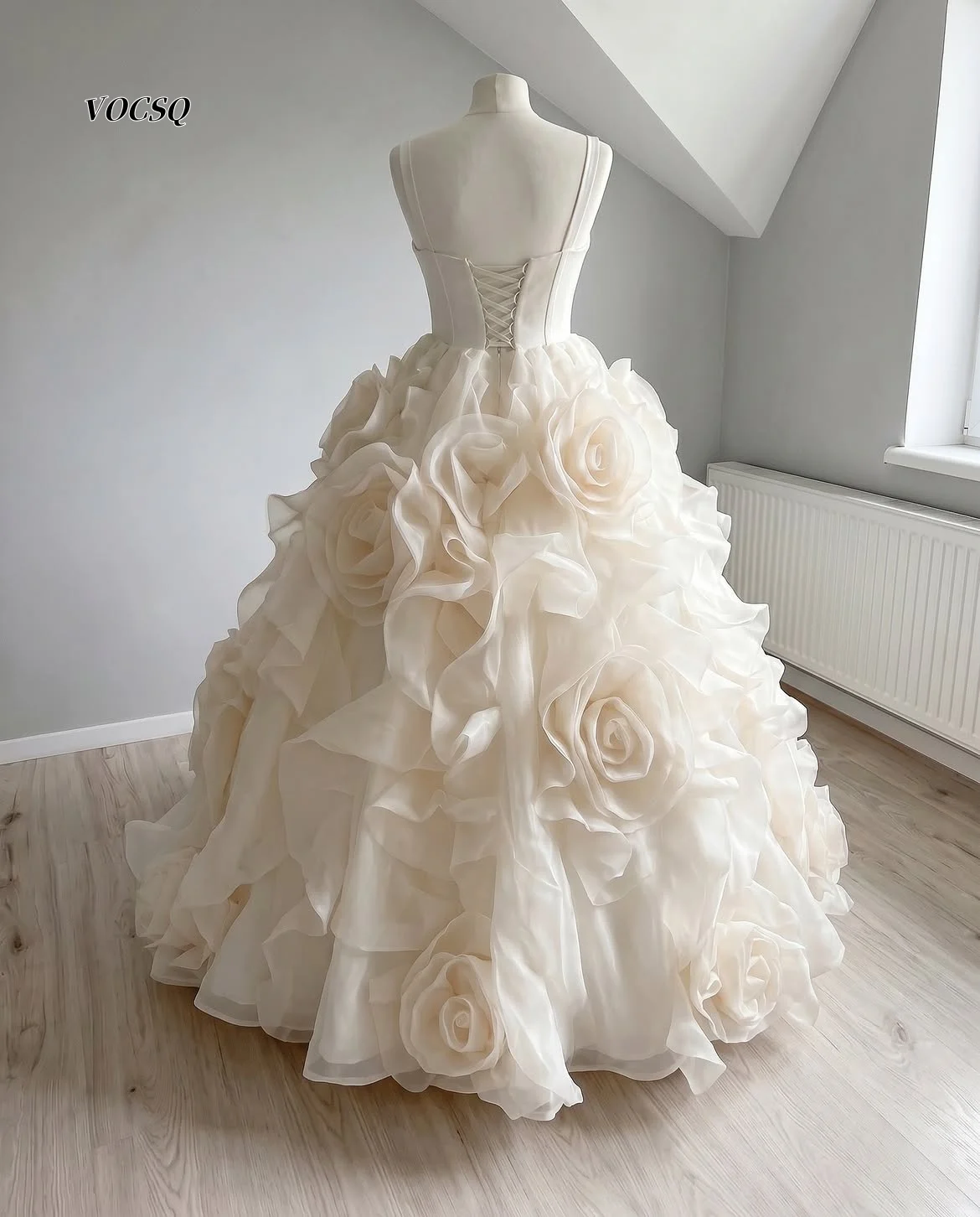 Flower Girl Dress Ivory Handmade Big Floral Ruffle Organza Gown Floor Length Trailing Kids Wedding Photoshoot Outfit Customized