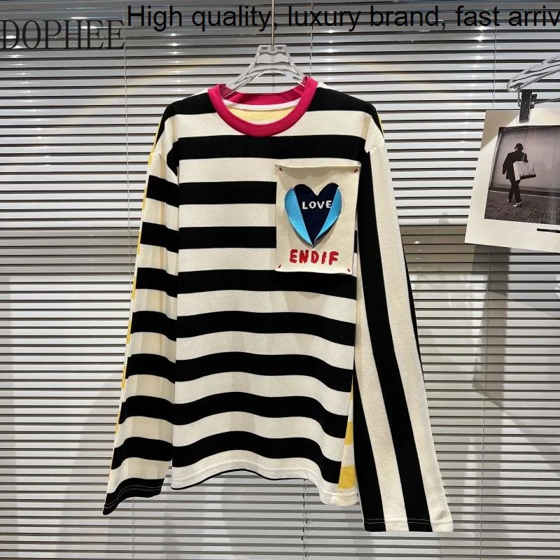 Autumn 2023 New Fashion Long Sleeve Women T-shirt Patch Letters Striped Loose Pullover Top O-neck Casual Colorblock Female Tees