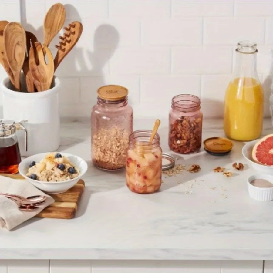 Barattoli in vetro vintage rosa con bocca regolare da 4 pezzi da 32 once con coperchi e fasce: barattoli in scatola rosa, lavabili in lavastoviglie