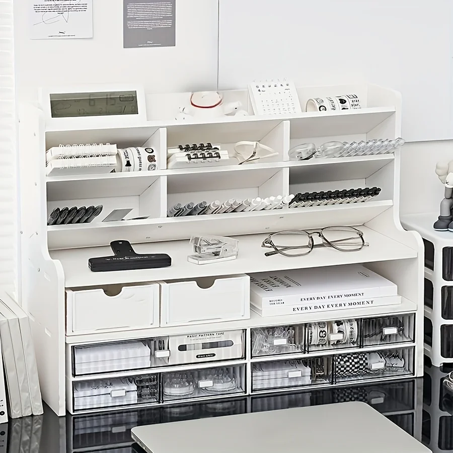 1PC 2-Tier Desk Organizer with Tilt Pen Holder Matte White PVC Space-Saving Drawer Storage for Stationery Cosmetics Office Supplies Dormitory Partition Box