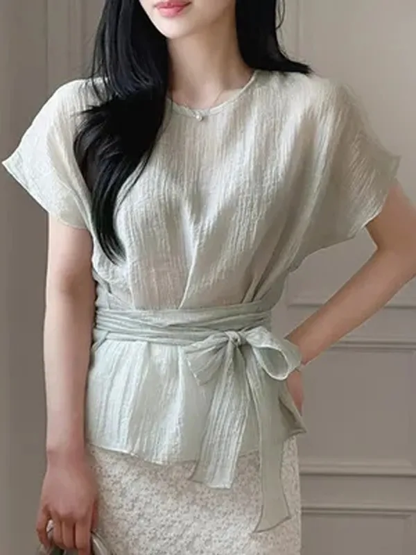 

Summer Women's Shirt round Neck Tie Drape Short Sleeve Texture Slimming Waist Cinched French Style Loose Fit Polyester Fiber