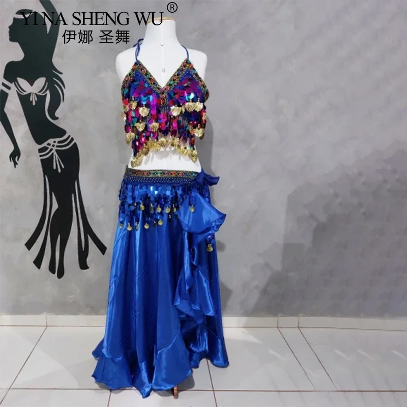 

Одежда для танца живота, элегантная темпераментная длинная юбка с разрезом, женский костюм для восточного танца, профессиональный костюм для выступлений, комплект из 3 предметов