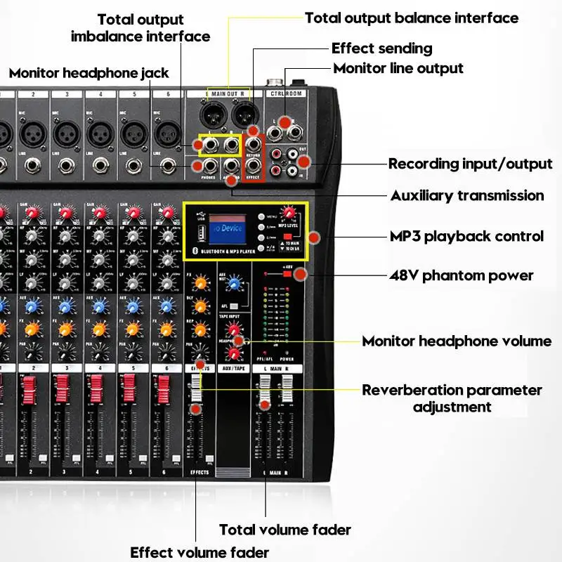 전문가용 8채널 오디오 DJ 믹서, 사운드 믹서, 오디오 노래방, 팬텀 파워 48V, USB 잭, 특가 상품 13 B