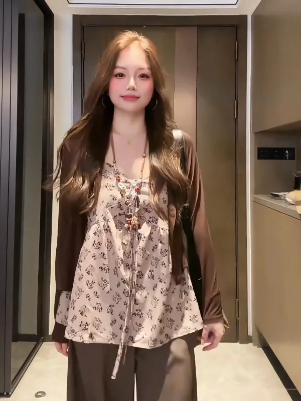 

plus Size Vintage Floral Print Camisole Cardigan Brown Casual Slimming Early Autumn Fashion Set Women's Long Sleeve Open Fron...