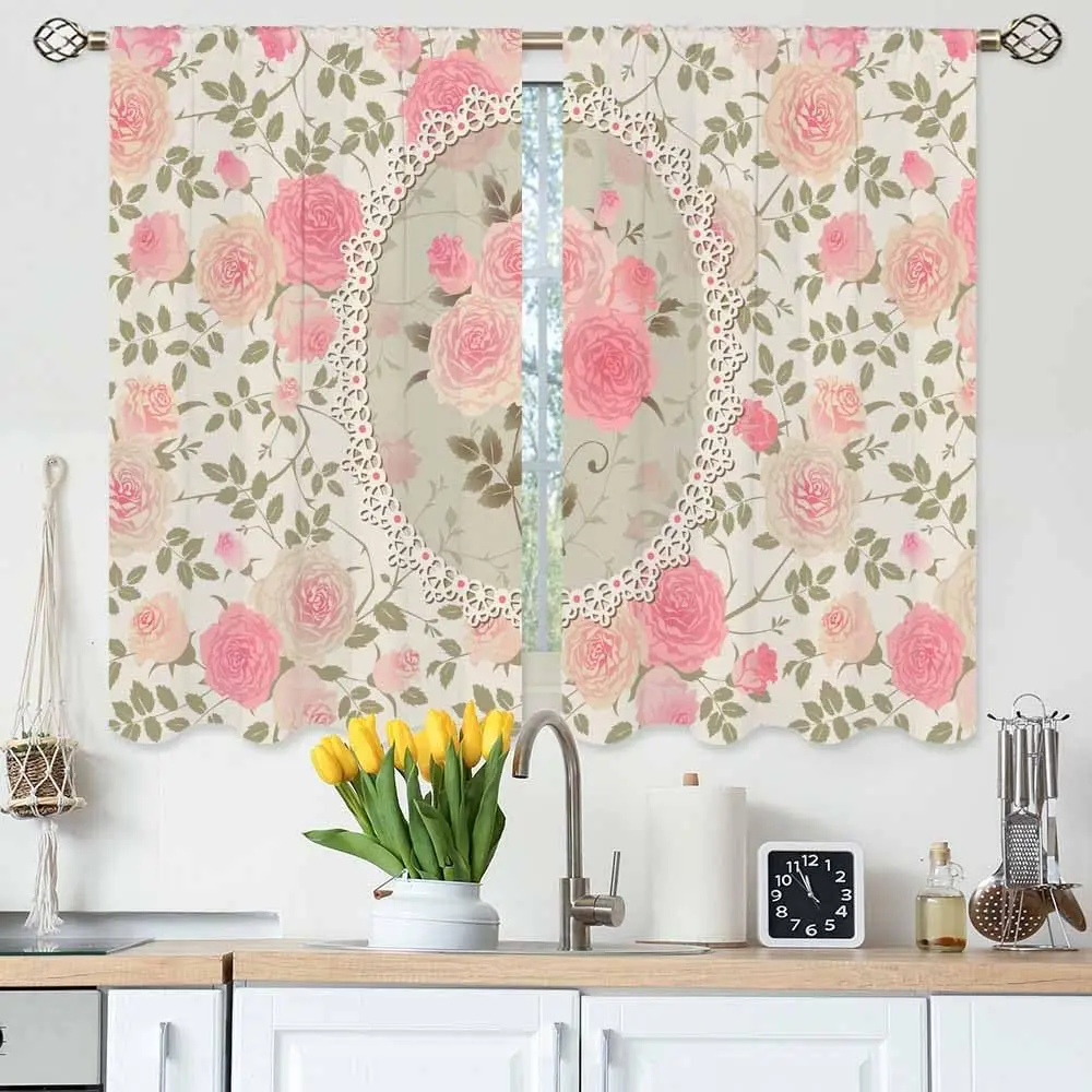 Pink Rose Kitchen Curtains Lace Frame Shabby Chic Roses Floral Bouquet Short Tier Curtains for Bathroom Cafe Small Window Drapes