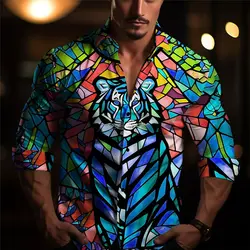 Colorful Tiger Art Abstract Print Men's Shirt Casual Fall and Winter Loose Long Sleeve Four-Way Stretch Fabric Shirt S-5XL