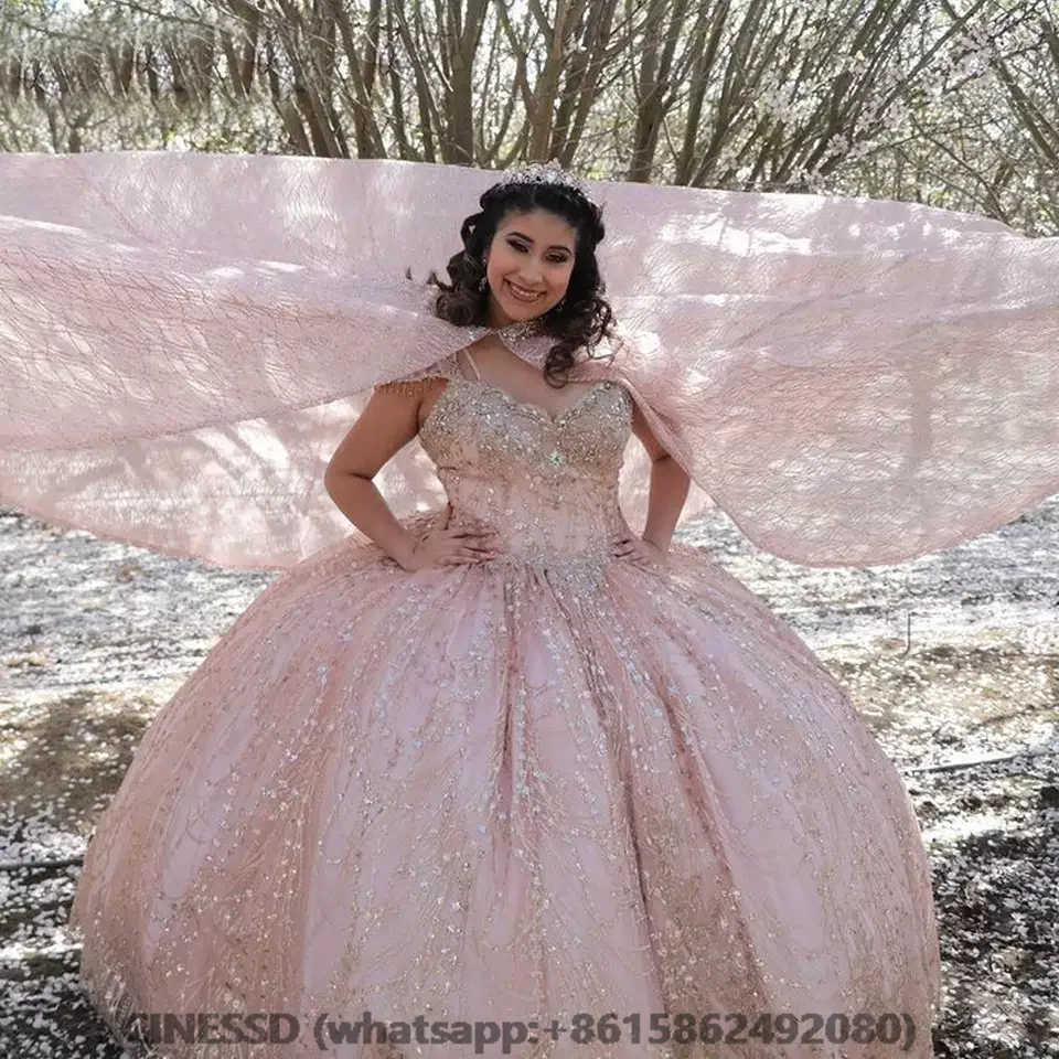 

Pink Sparkly Quinceanera Dresses Crystal Sequined Ball Gown With Cloak Beading Sleeveless Corset For Sweet 15 Girls Party