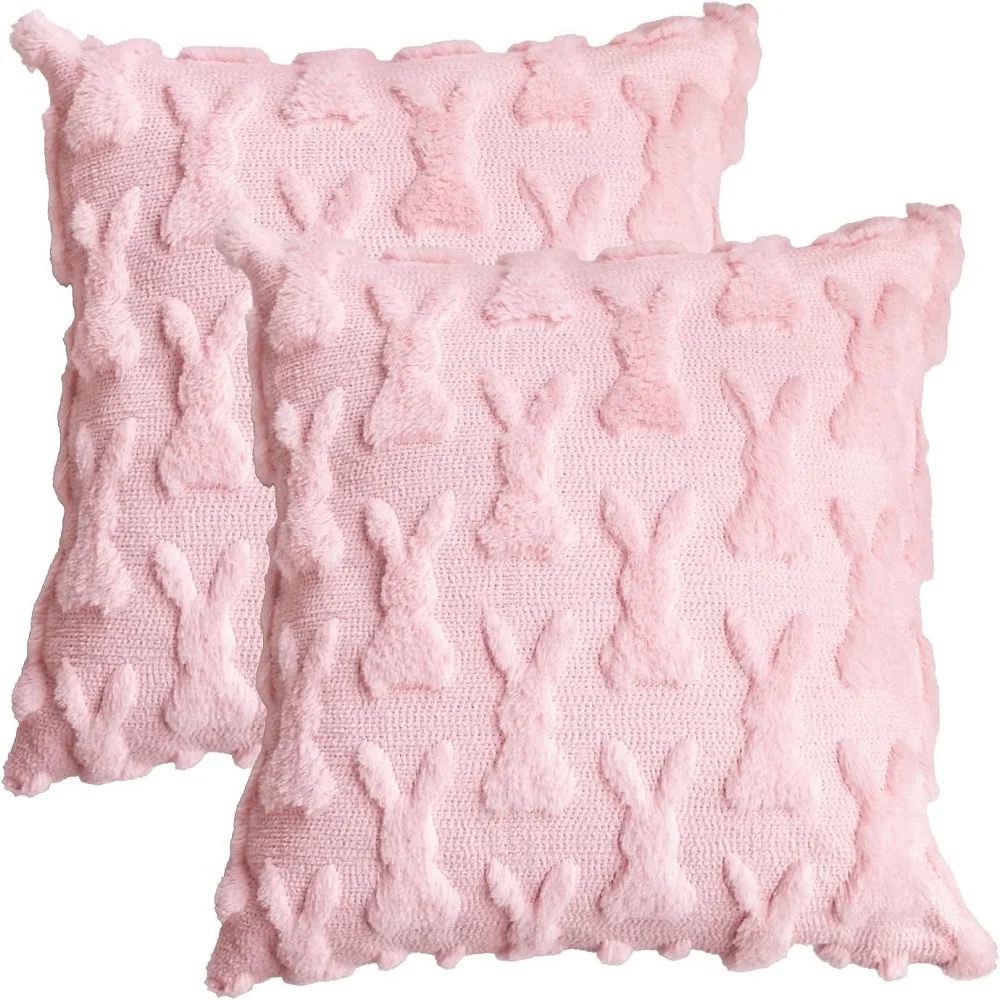 18x18cm Happy Easter Rabbit Pattern Throw Pillow Cover Wool Square Cushion Cover Soft Plush Sofa Pillowcase Home Room Decoration
