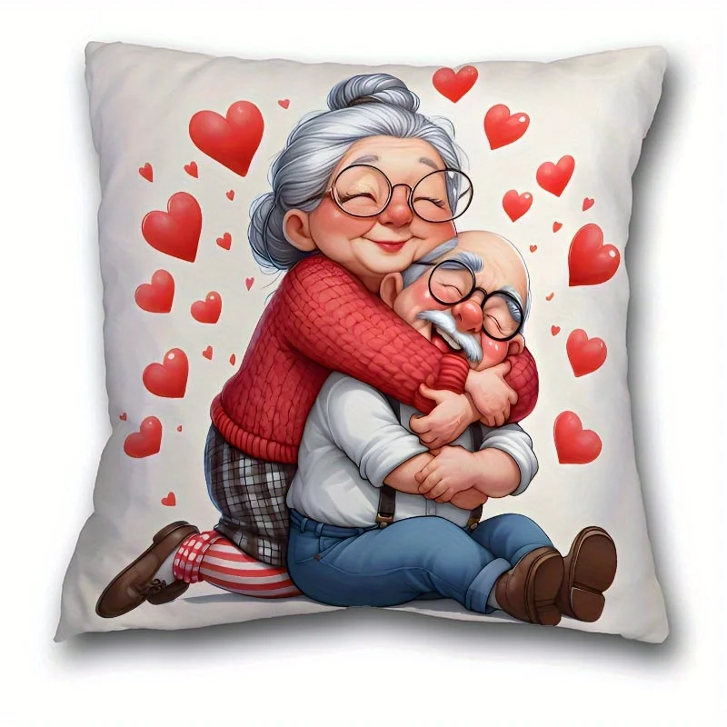 1pc Elderly Couple Hugging with Hearts Throw Pillow Cover, Suitable for Sofa, Bedroom, Living Room, a Romantic Gift for Elders.