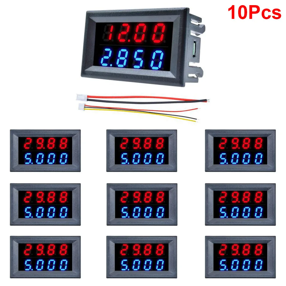 Led Voltímetro Digital com Dual Display Amperímetro Medidor de Corrente de Tensão Azul e Vermelho Tester Bit Fios dc 100v 200v 10a 0.28 in 10 Pcs